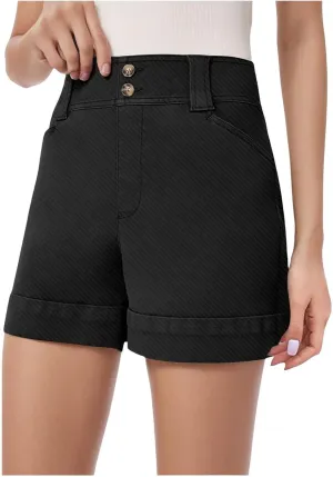 Women's Jean Shorts High Waisted Twill Folded Hem Short Pants Stretchy Button Down Trendy Summer Denim Shorts with Pockets