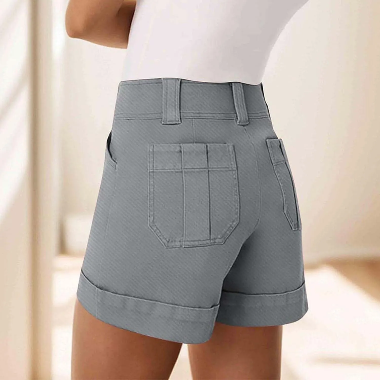 Women's Jean Shorts High Waisted Twill Folded Hem Short Pants Stretchy Button Down Trendy Summer Denim Shorts with Pockets