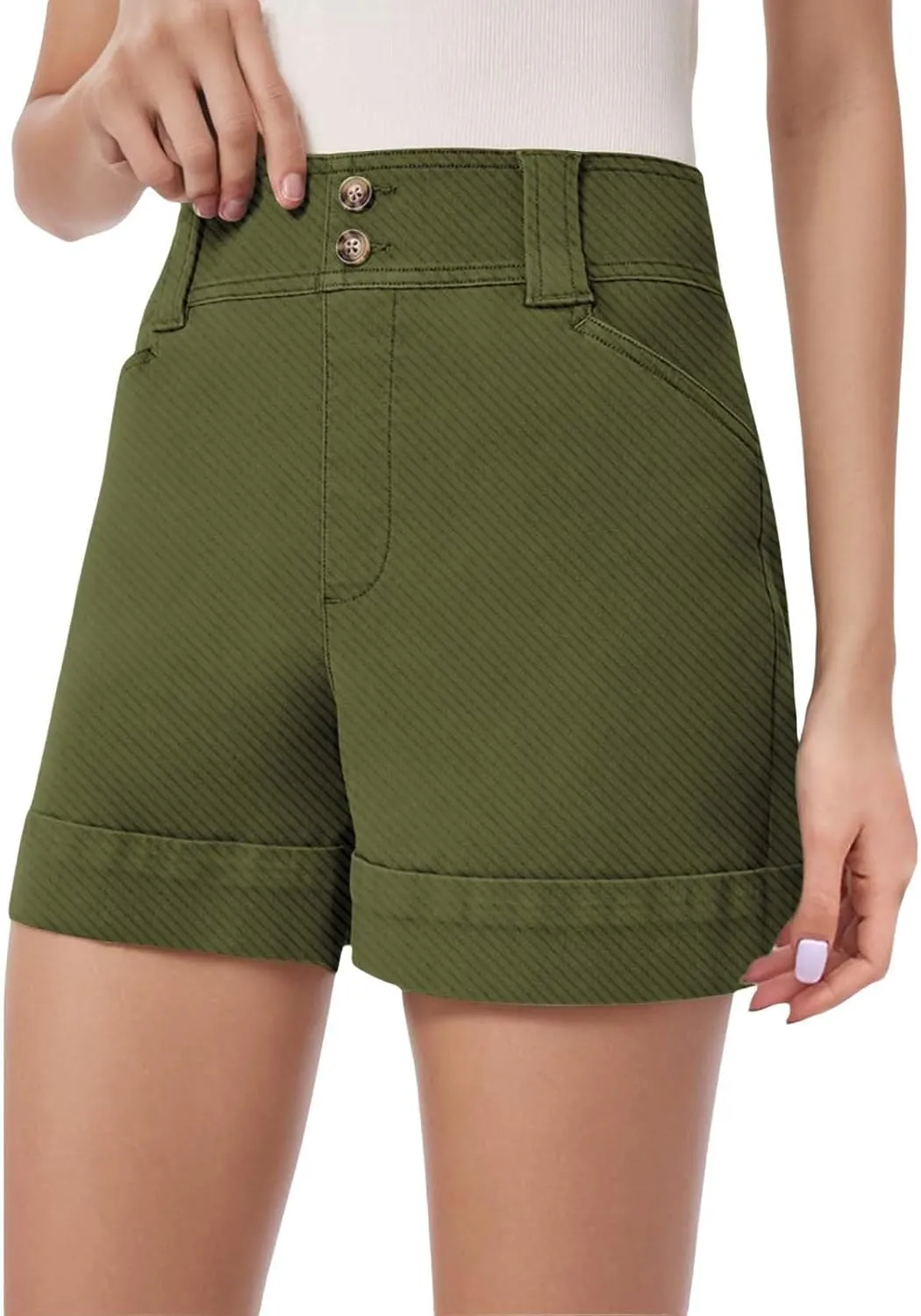 Women's Jean Shorts High Waisted Twill Folded Hem Short Pants Stretchy Button Down Trendy Summer Denim Shorts with Pockets