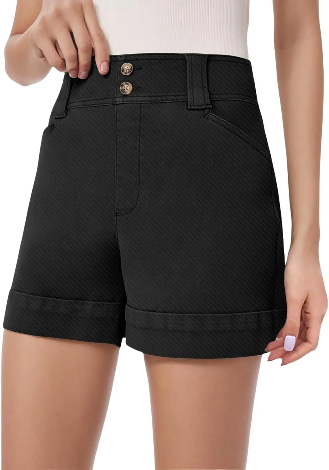 Women's Jean Shorts High Waisted Twill Folded Hem Short Pants Stretchy Button Down Trendy Summer Denim Shorts with Pockets
