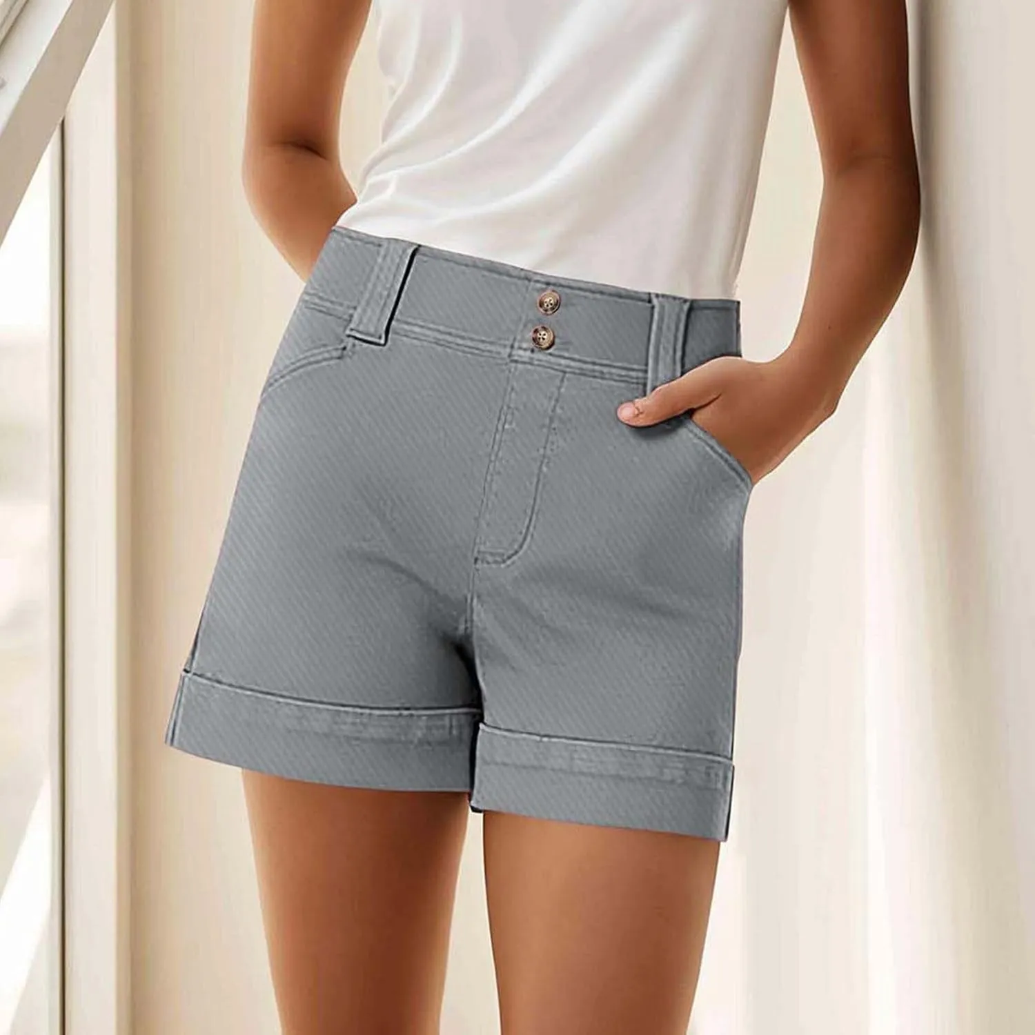 Women's Jean Shorts High Waisted Twill Folded Hem Short Pants Stretchy Button Down Trendy Summer Denim Shorts with Pockets