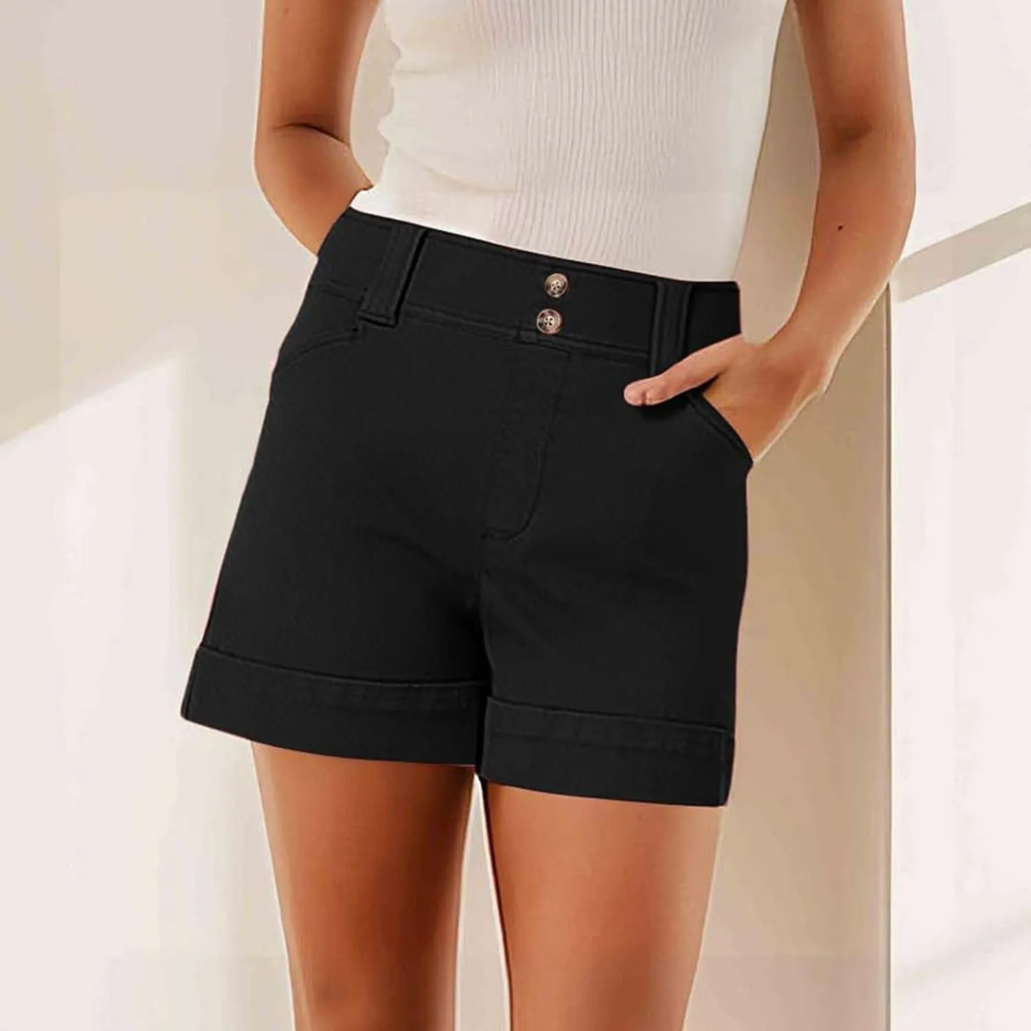 Women's Jean Shorts High Waisted Twill Folded Hem Short Pants Stretchy Button Down Trendy Summer Denim Shorts with Pockets