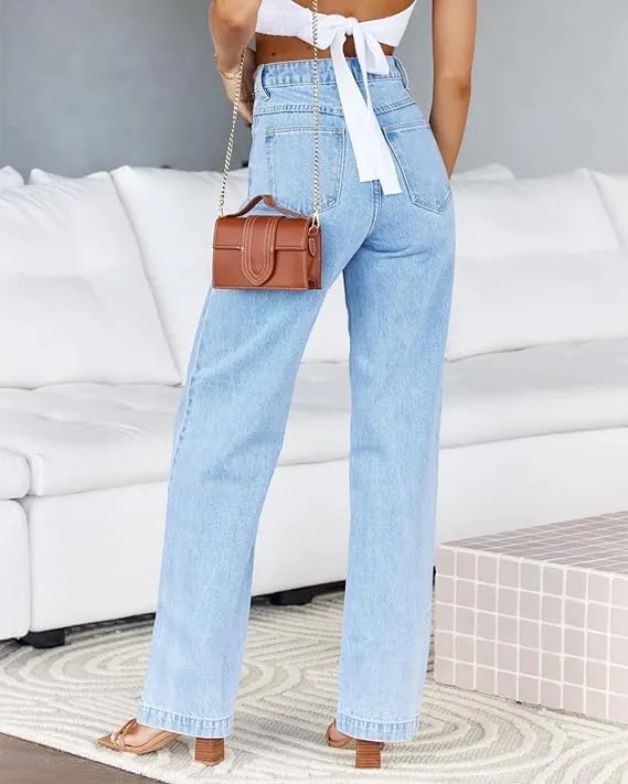 Womens Jeans High Waisted Straight Leg Loose Stretchy Lightweight Tummy Control Trendy Jeans for Women with Pockets
