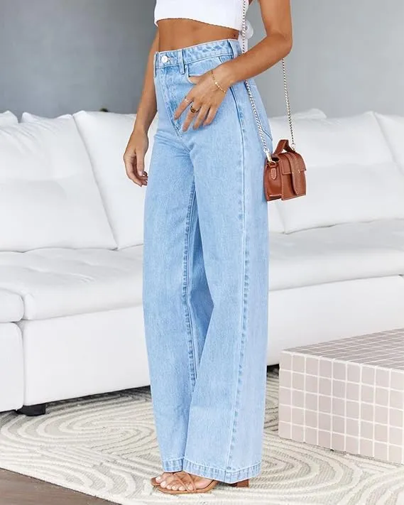 Womens Jeans High Waisted Straight Leg Loose Stretchy Lightweight Tummy Control Trendy Jeans for Women with Pockets