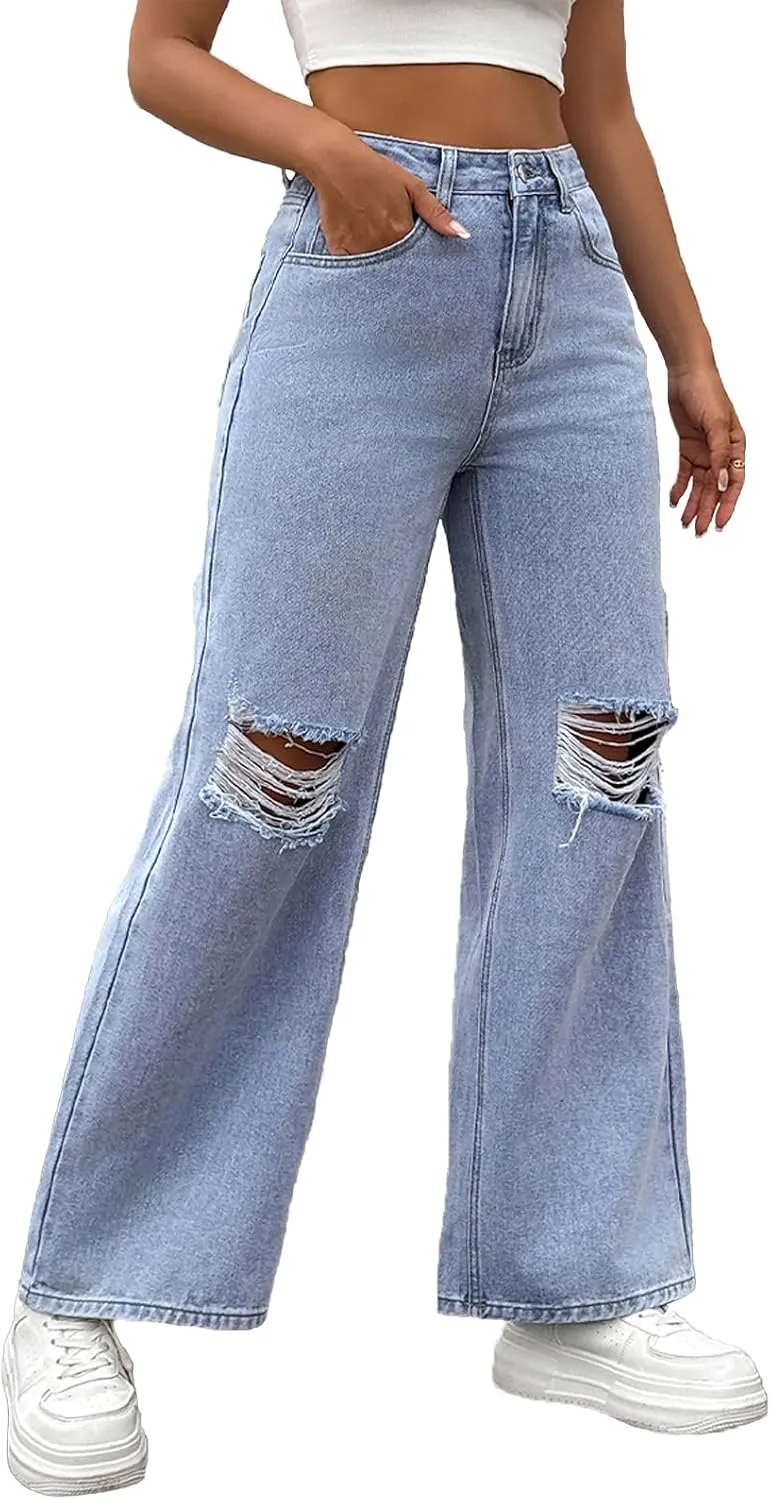 Women's Jeans Mid Waist Distressed Ripped Straight Wide Leg Denim Pants with Pockets Boyfriend Jeans