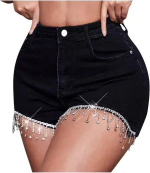 Womens Jeans Shorts Casual Summer High Waisted Distressed Denim Capris Y2k Tassels Ripped Raw Hem Stretch Jean Shorts