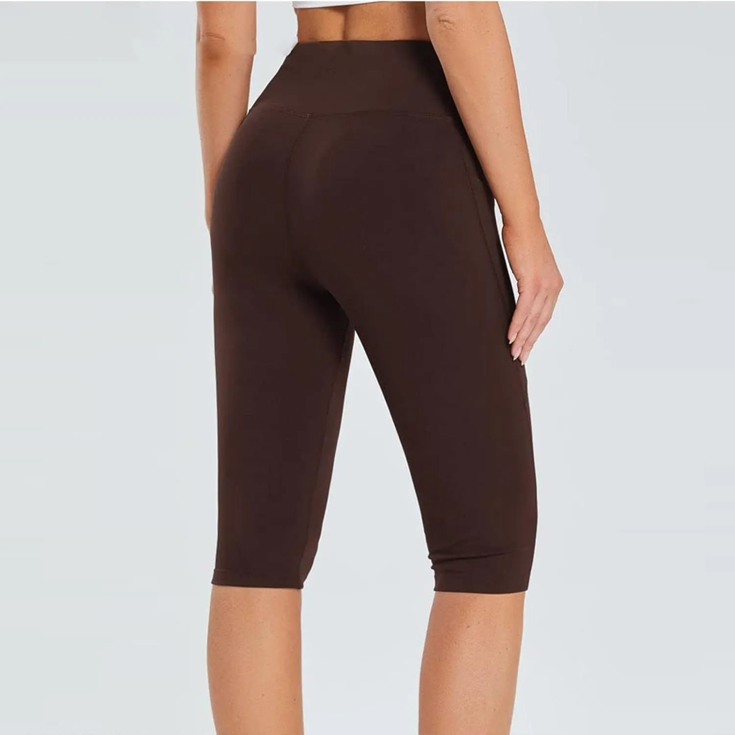 Women's Knee Length Leggings Yoga Capris High Waist Tummy Control Running Athletic Gym Biker Shorts with Pockets