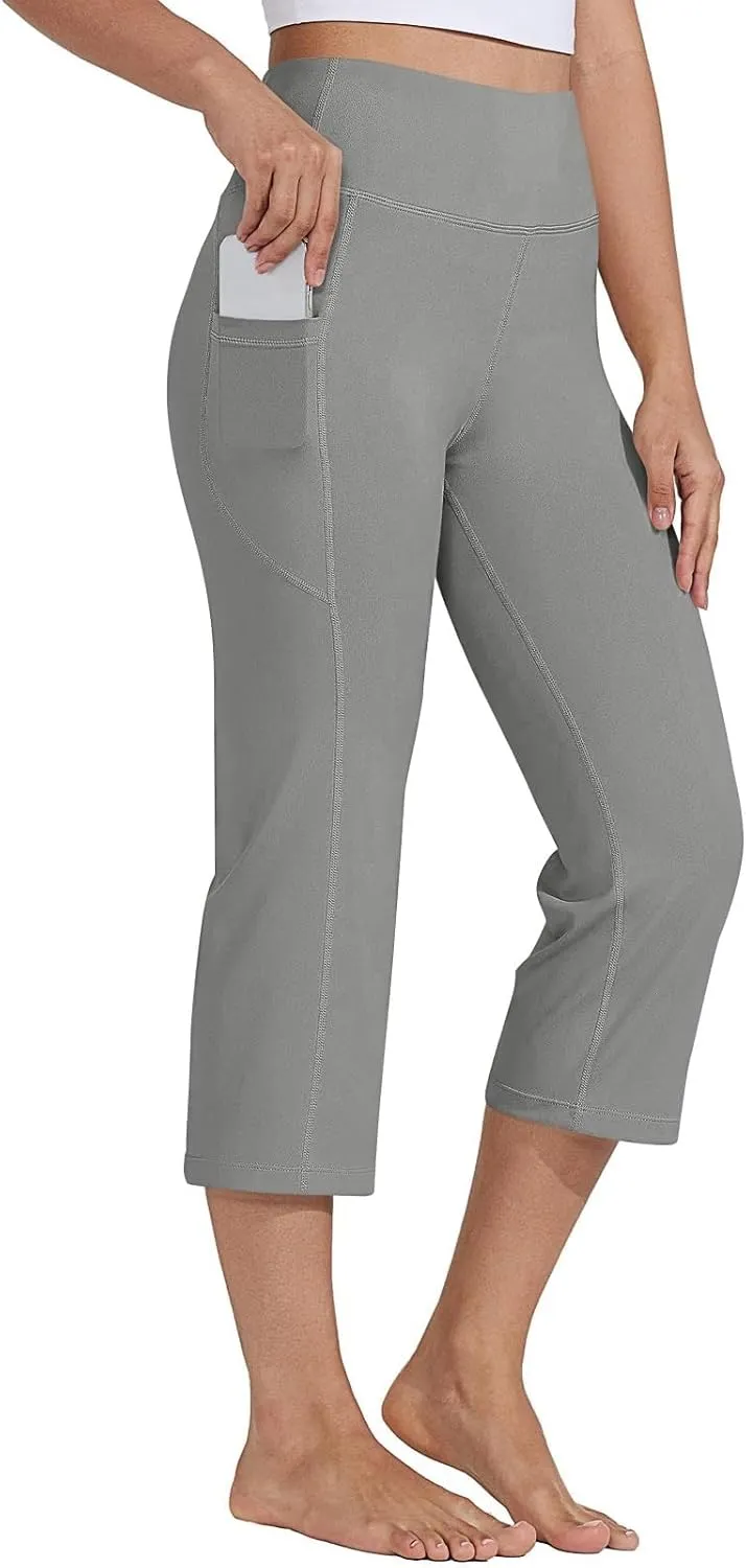 Women's Knee Length Leggings Yoga Capris High Waist Tummy Control Running Athletic Gym Biker Shorts with Pockets