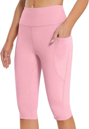 Women's Knee Length Leggings Yoga Capris High Waist Tummy Control Running Athletic Gym Biker Shorts with Pockets