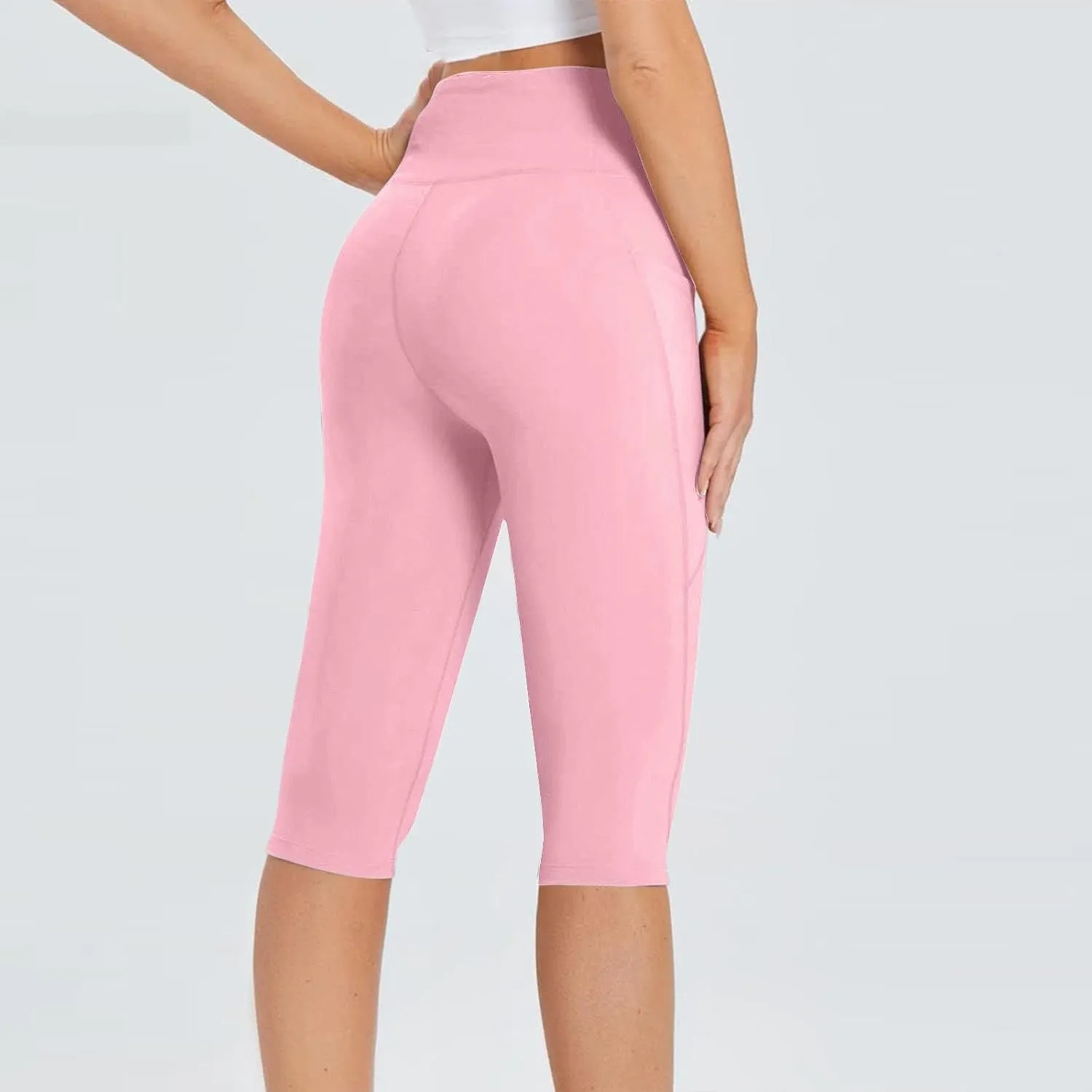 Women's Knee Length Leggings Yoga Capris High Waist Tummy Control Running Athletic Gym Biker Shorts with Pockets