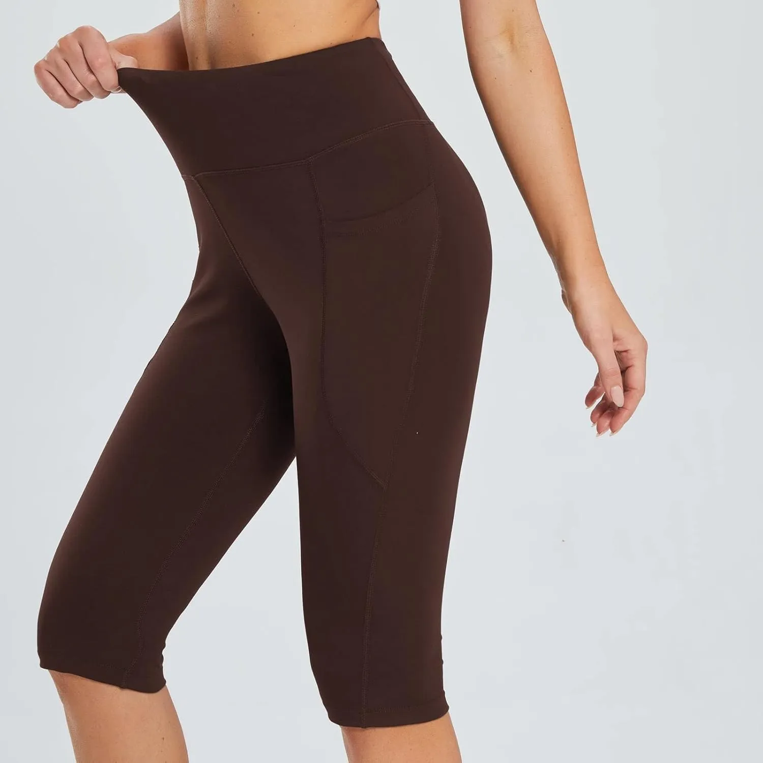 Women's Knee Length Leggings Yoga Capris High Waist Tummy Control Running Athletic Gym Biker Shorts with Pockets