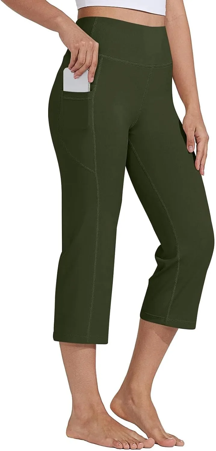 Women's Knee Length Leggings Yoga Capris High Waist Tummy Control Running Athletic Gym Biker Shorts with Pockets