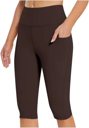 Women's Knee Length Leggings Yoga Capris High Waist Tummy Control Running Athletic Gym Biker Shorts with Pockets