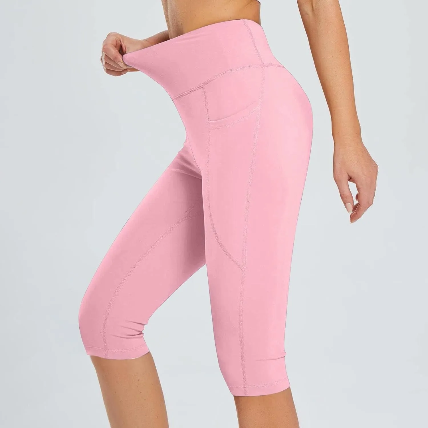 Women's Knee Length Leggings Yoga Capris High Waist Tummy Control Running Athletic Gym Biker Shorts with Pockets