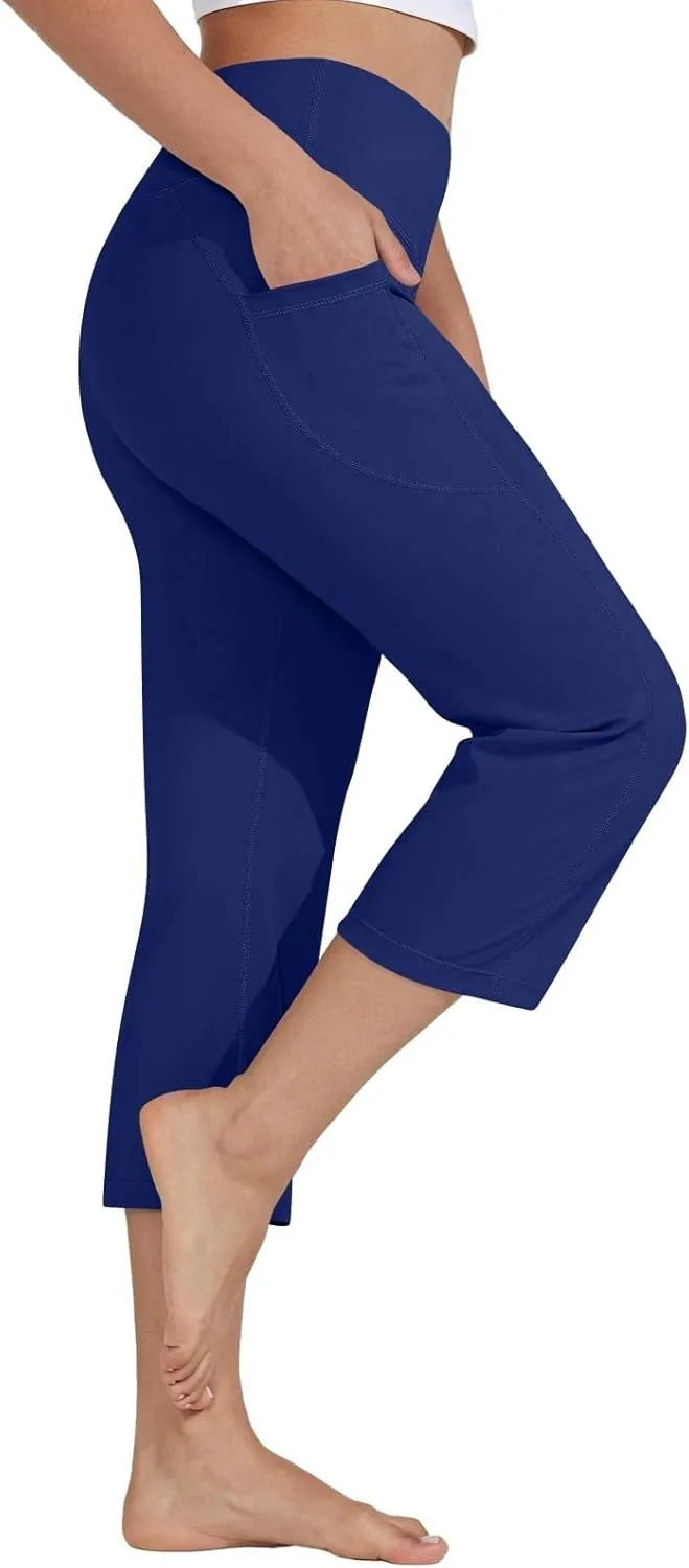 Women's Knee Length Leggings Yoga Capris High Waist Tummy Control Running Athletic Gym Biker Shorts with Pockets