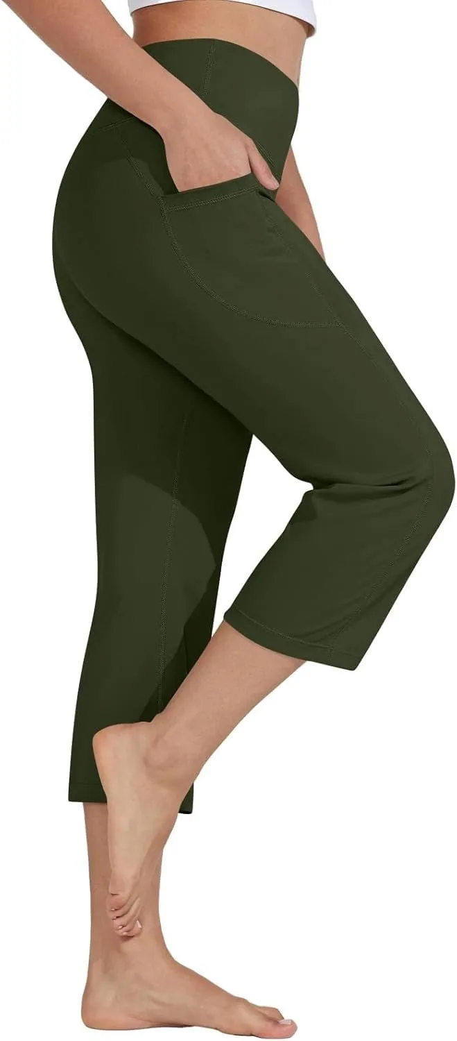 Women's Knee Length Leggings Yoga Capris High Waist Tummy Control Running Athletic Gym Biker Shorts with Pockets