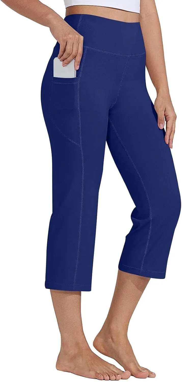 Women's Knee Length Leggings Yoga Capris High Waist Tummy Control Running Athletic Gym Biker Shorts with Pockets