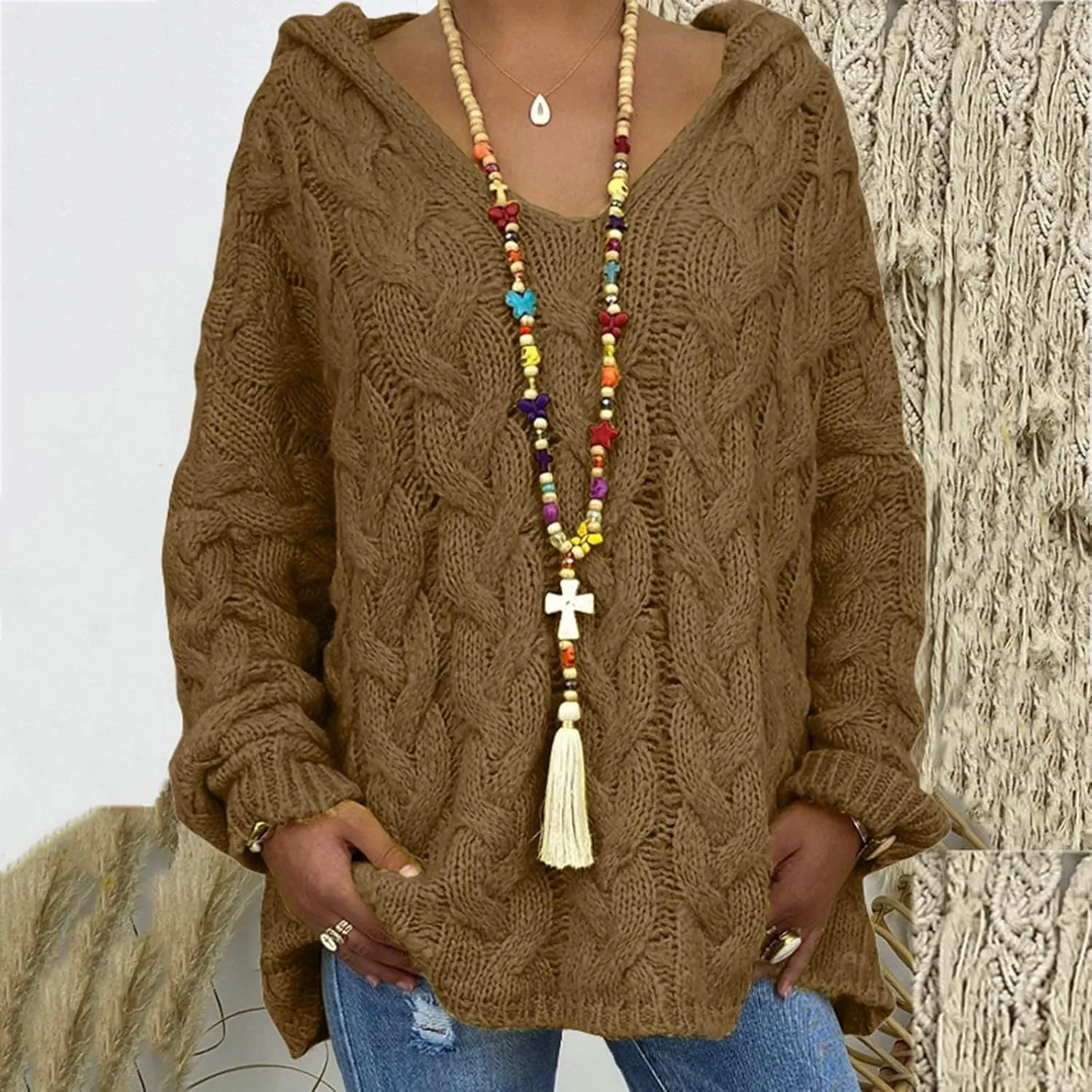 Womens Lightweight Hooded Sweaters Oversized Cozy Loose Chunky Knit Pullover Soft Knit Fitted Sweater Jumper Tops