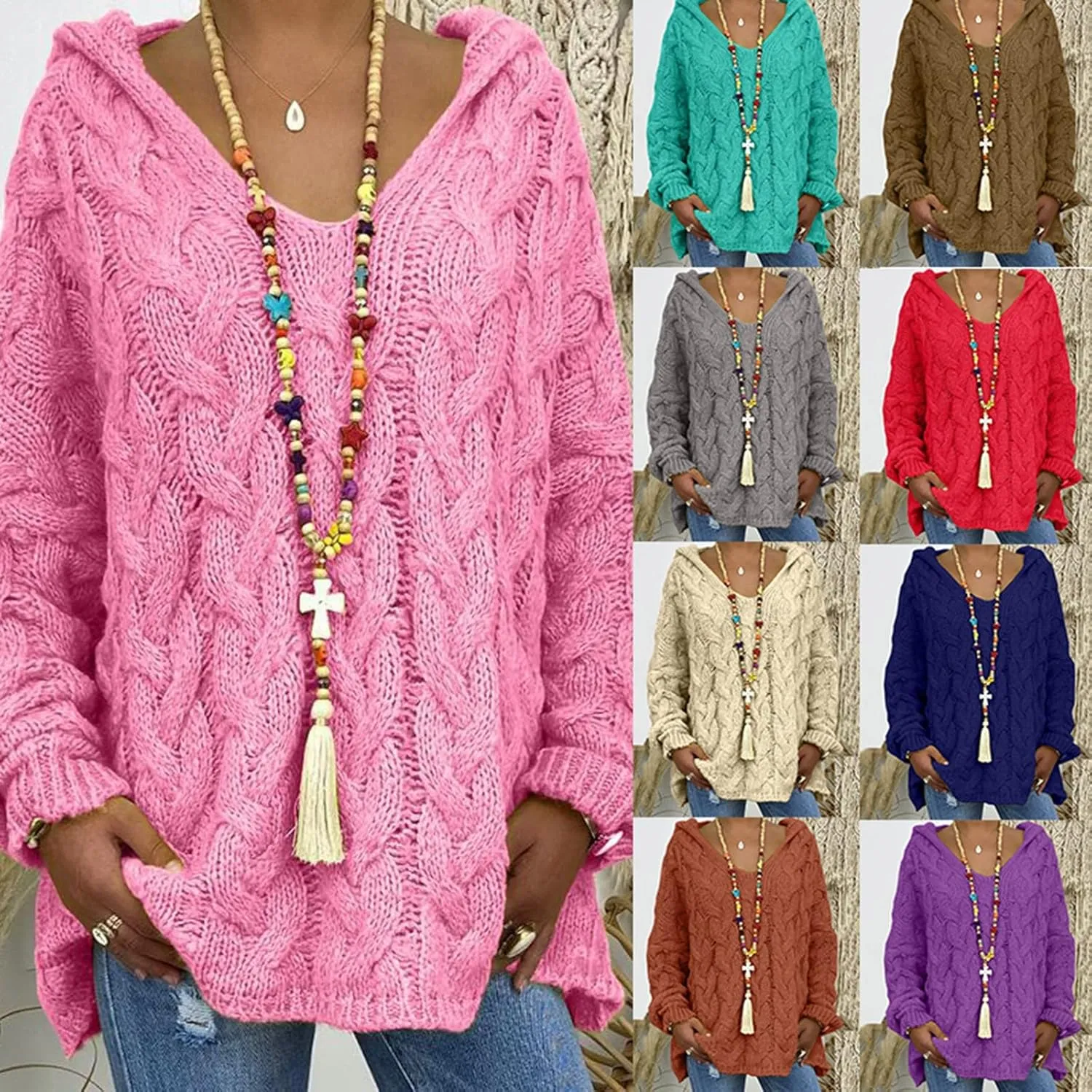 Womens Lightweight Hooded Sweaters Oversized Cozy Loose Chunky Knit Pullover Soft Knit Fitted Sweater Jumper Tops