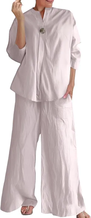 Women's Linen Shirt 3/4 Sleeves Button Down V Neck Solid Blouse and Capri Cotton Wide Leg Outfits
