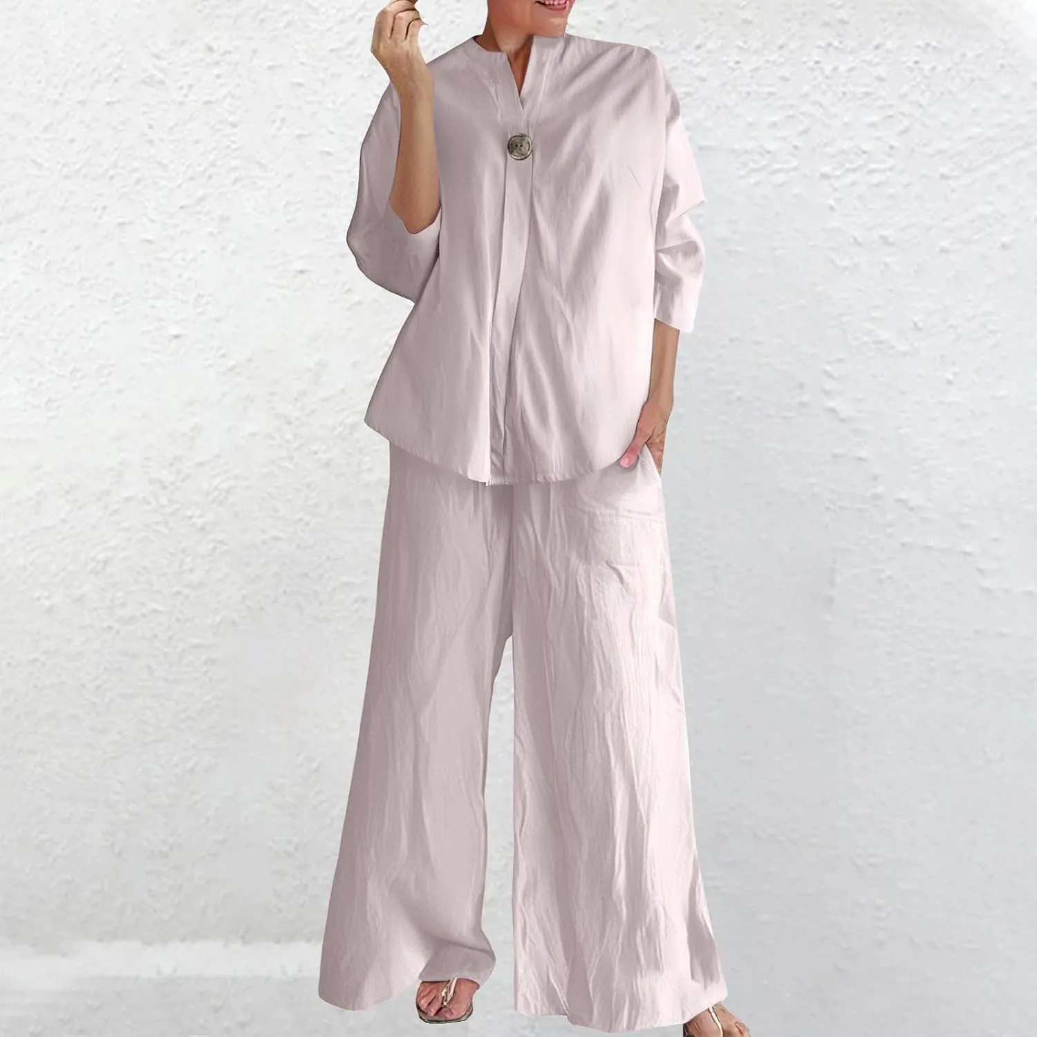 Women's Linen Shirt 3/4 Sleeves Button Down V Neck Solid Blouse and Capri Cotton Wide Leg Outfits