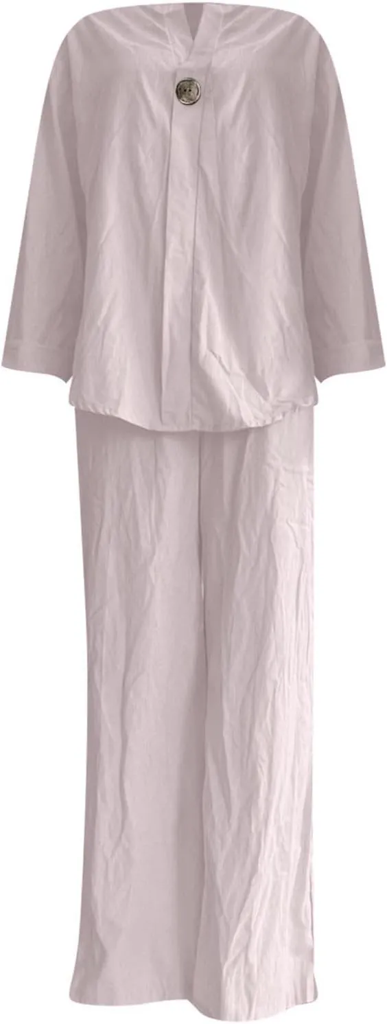 Women's Linen Shirt 3/4 Sleeves Button Down V Neck Solid Blouse and Capri Cotton Wide Leg Outfits