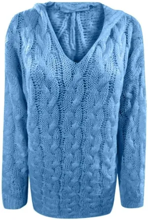 Womens Long Sleeve Oversized Hooded Sweaters Casual V Neck Loose Chunky Cable Knit Pullover Hoodies
