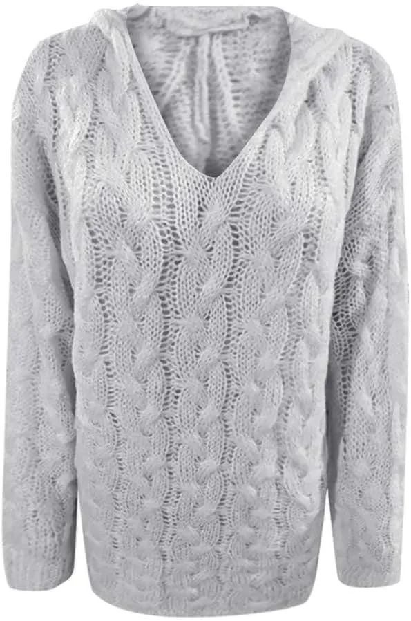 Womens Long Sleeve Oversized Hooded Sweaters Casual V Neck Loose Chunky Cable Knit Pullover Hoodies