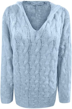 Womens Long Sleeve Oversized Hooded Sweaters Casual V Neck Loose Chunky Cable Knit Pullover Hoodies