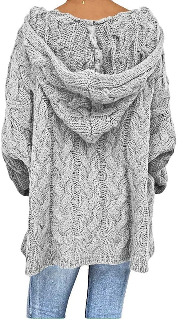 Womens Long Sleeve Oversized Hooded Sweaters Casual V Neck Loose Chunky Cable Knit Pullover Hoodies