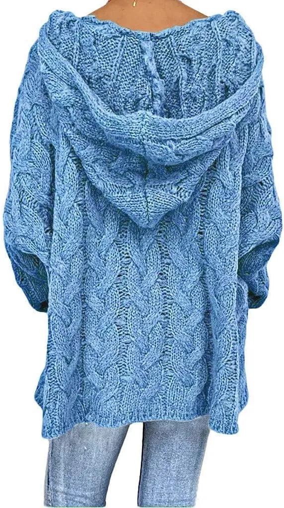 Womens Long Sleeve Oversized Hooded Sweaters Casual V Neck Loose Chunky Cable Knit Pullover Hoodies