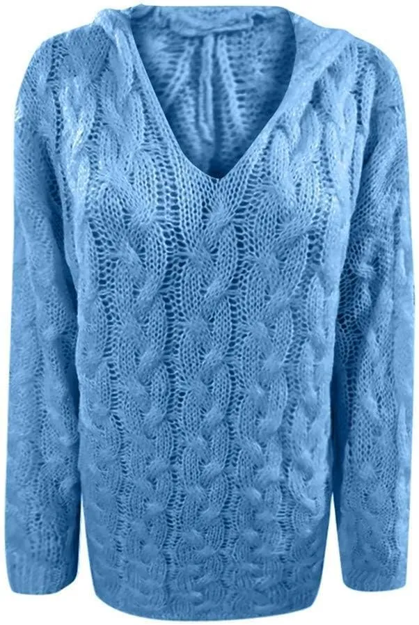 Womens Long Sleeve Oversized Hooded Sweaters Casual V Neck Loose Chunky Cable Knit Pullover Hoodies