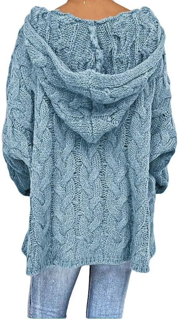 Womens Long Sleeve Oversized Hooded Sweaters Casual V Neck Loose Chunky Cable Knit Pullover Hoodies