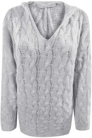 Womens Long Sleeve Oversized Hooded Sweaters Casual V Neck Loose Chunky Cable Knit Pullover Hoodies