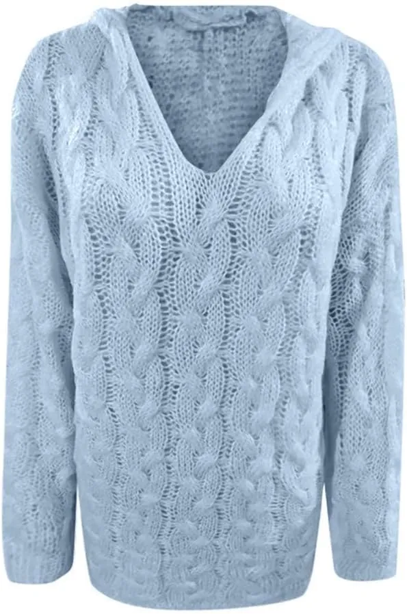 Womens Long Sleeve Oversized Hooded Sweaters Casual V Neck Loose Chunky Cable Knit Pullover Hoodies