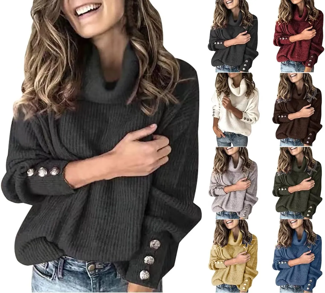 Women's Mock Turtleneck Sweaters Fashion Warm Winter Long Sleeve Pullover Cable Knit Sweaters Soft Jumper