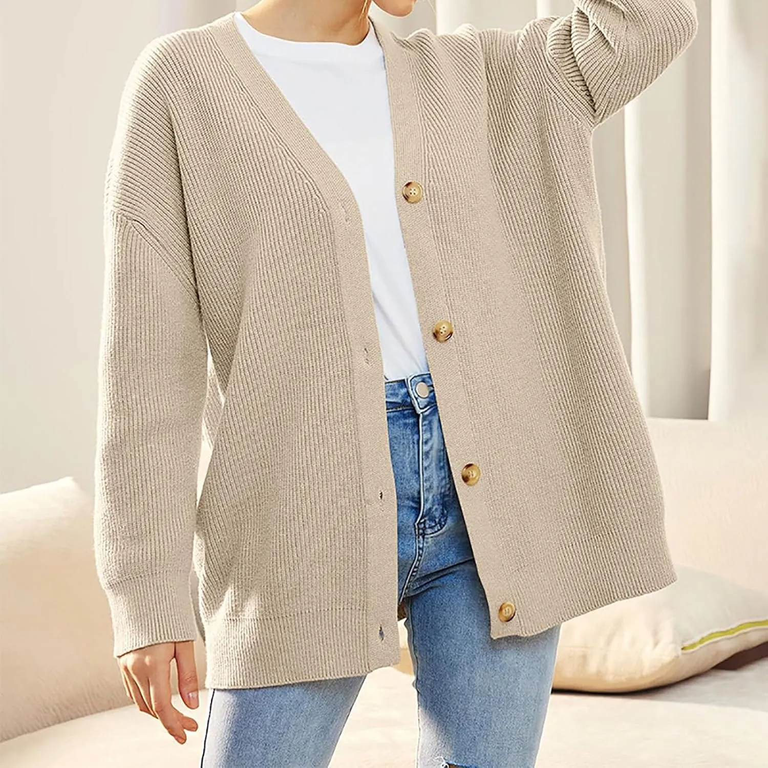 Women's Oversized Cable Knit Sweaters Long Sleeve Button up Chunky Cardigan Casual Fashion Outwear