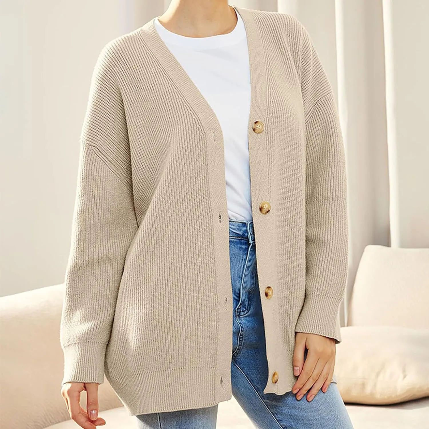 Women's Oversized Cable Knit Sweaters Long Sleeve Button up Chunky Cardigan Casual Fashion Outwear