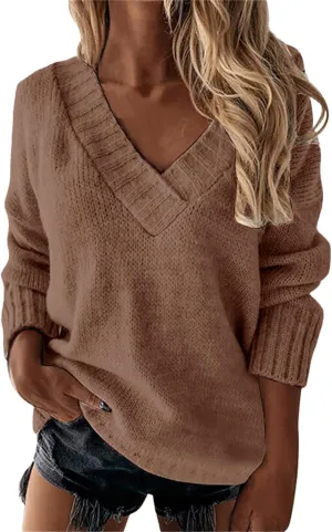 Womens Oversized Sweater Sexy Deep V Neck Cable Knit Sweaters Long Sleeve Loose Jumper Tunic Pullover Tops