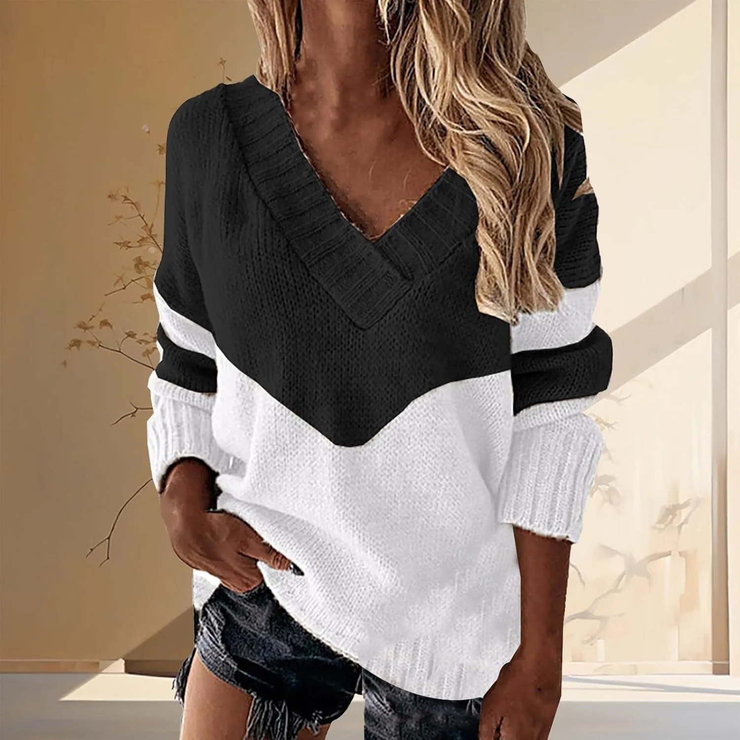 Womens Oversized Sweater Sexy Deep V Neck Cable Knit Sweaters Long Sleeve Loose Jumper Tunic Pullover Tops