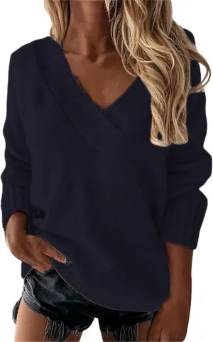 Womens Oversized Sweater Sexy Deep V Neck Cable Knit Sweaters Long Sleeve Loose Jumper Tunic Pullover Tops