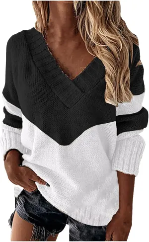 Womens Oversized Sweater Sexy Deep V Neck Cable Knit Sweaters Long Sleeve Loose Jumper Tunic Pullover Tops