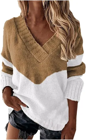 Womens Oversized Sweater Sexy Deep V Neck Cable Knit Sweaters Long Sleeve Loose Jumper Tunic Pullover Tops