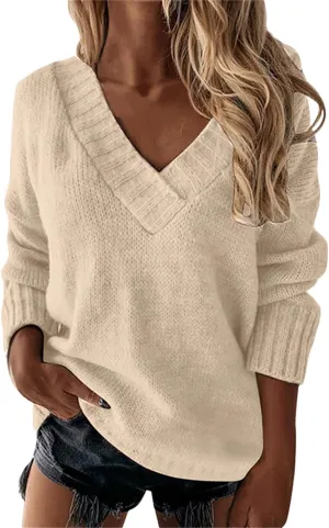 Womens Oversized Sweater Sexy Deep V Neck Cable Knit Sweaters Long Sleeve Loose Jumper Tunic Pullover Tops