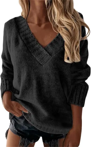 Womens Oversized Sweater Sexy Deep V Neck Cable Knit Sweaters Long Sleeve Loose Jumper Tunic Pullover Tops
