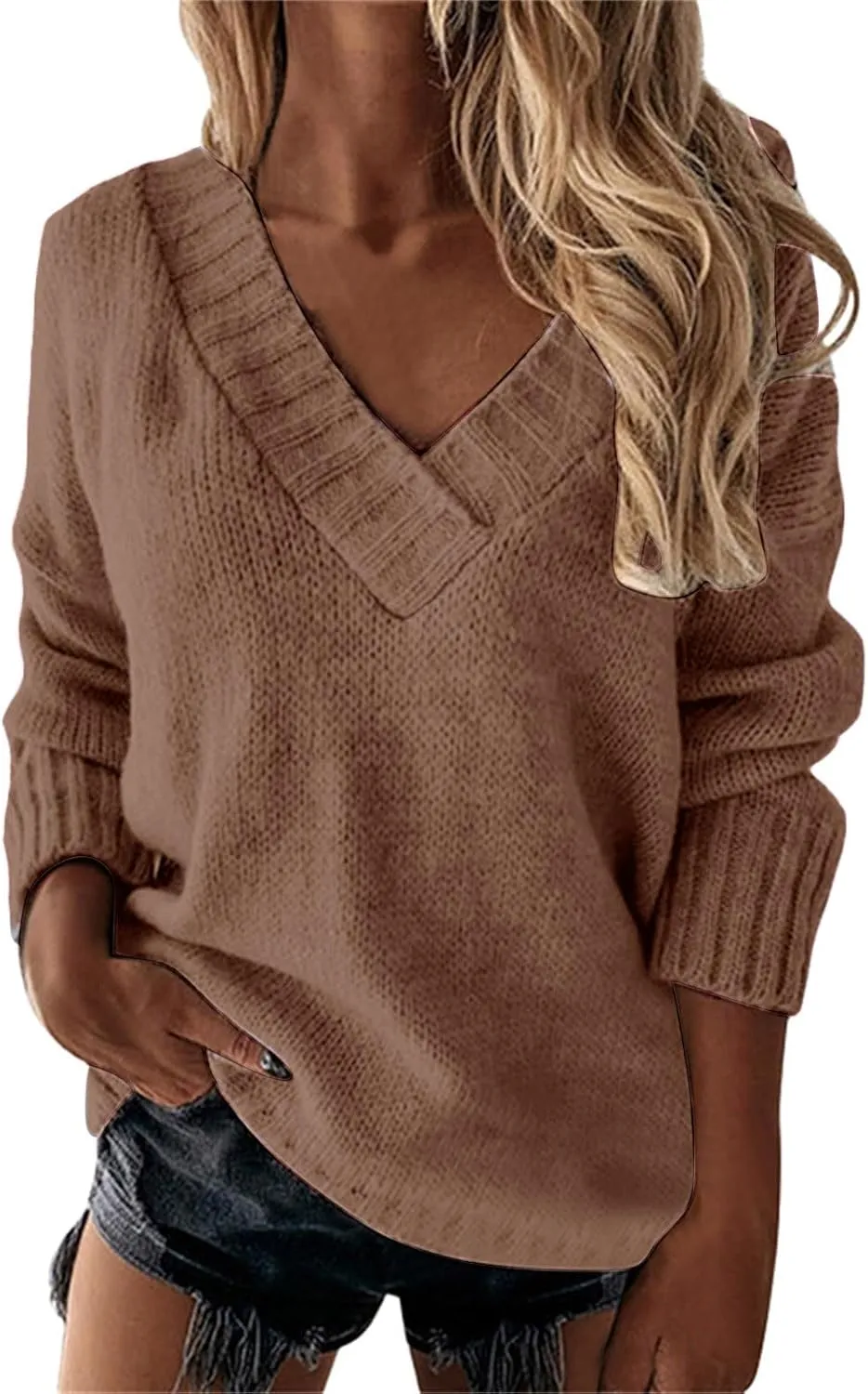 Womens Oversized Sweater Sexy Deep V Neck Cable Knit Sweaters Long Sleeve Loose Jumper Tunic Pullover Tops