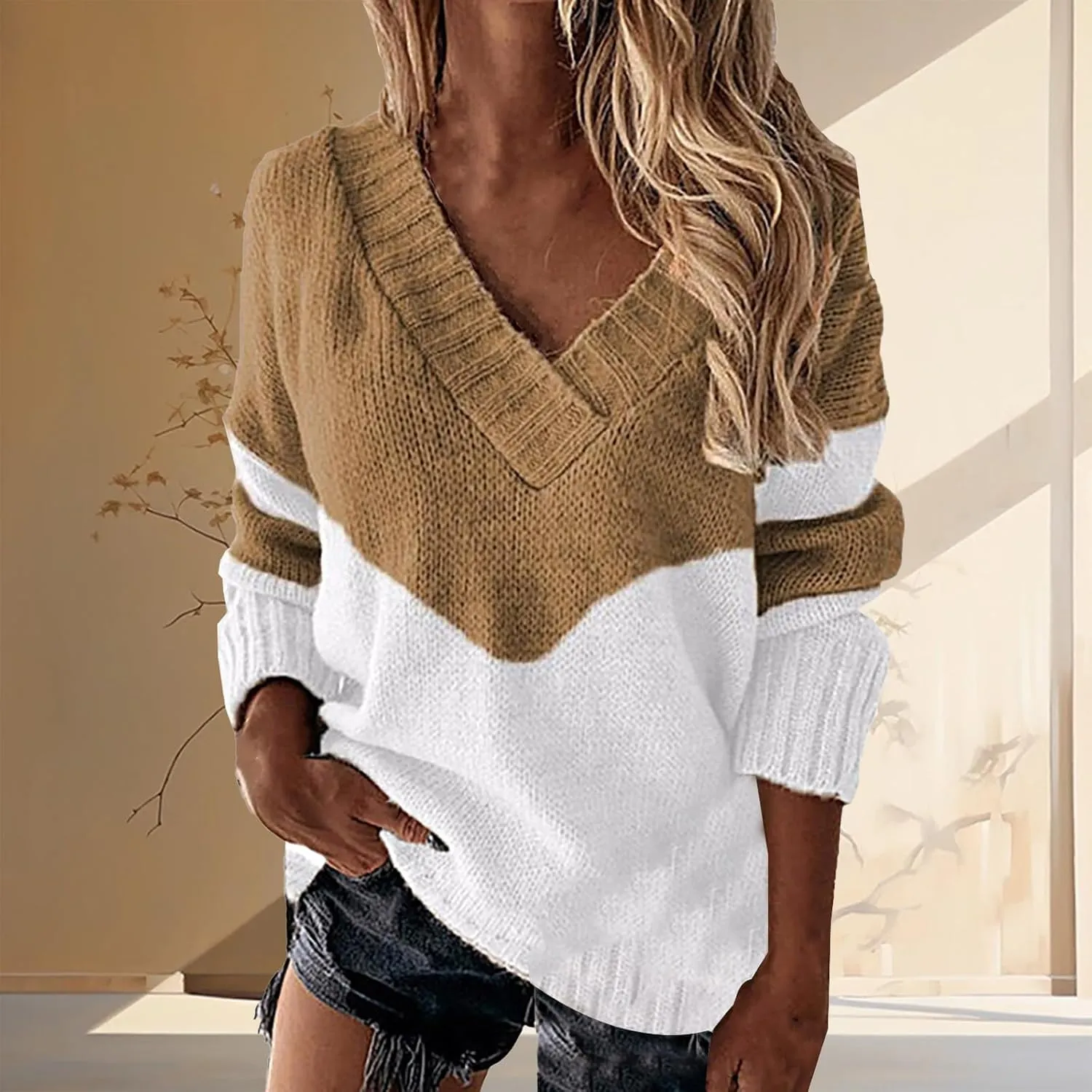 Womens Oversized Sweater Sexy Deep V Neck Cable Knit Sweaters Long Sleeve Loose Jumper Tunic Pullover Tops