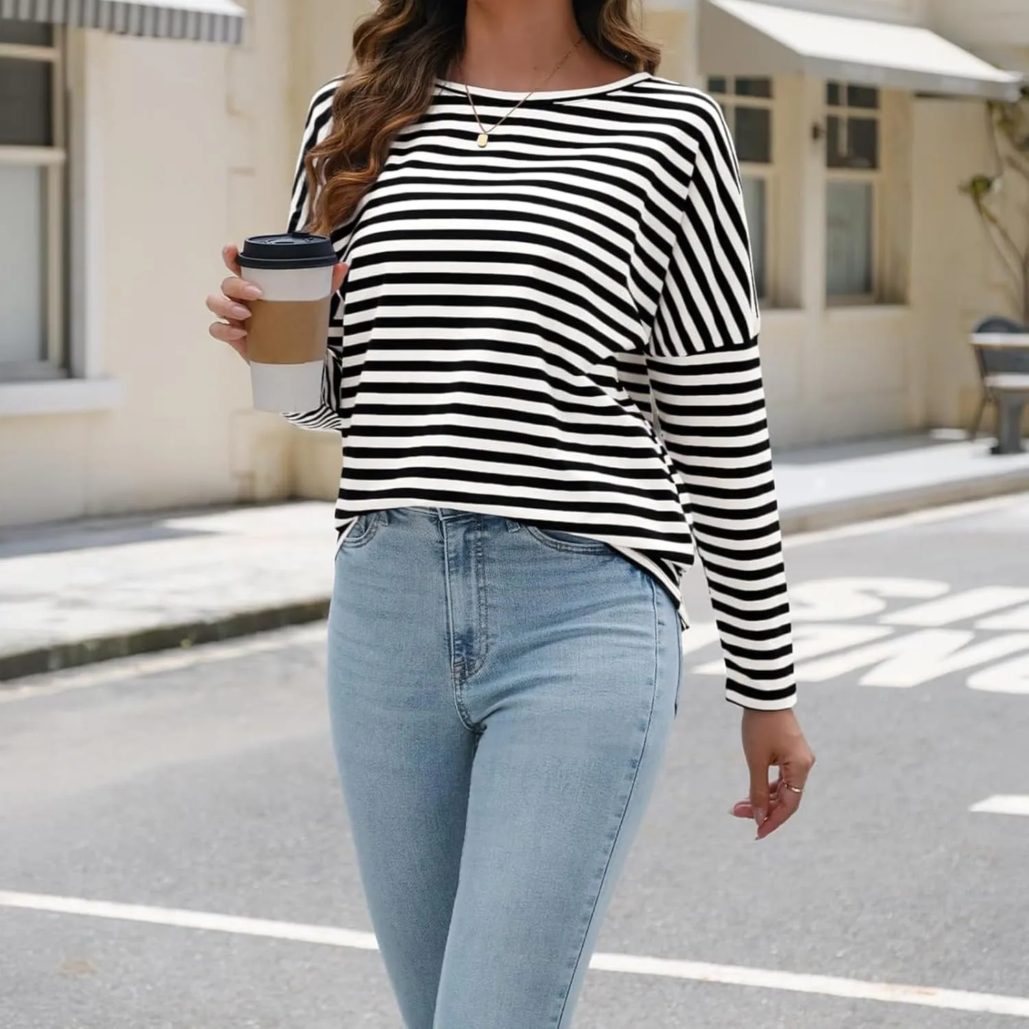 Womens Oversized T Shirts Striped Long Sleeve Crew Neck Casual Loose fit Fall Fashion Tops Basic Tunic tees 2024