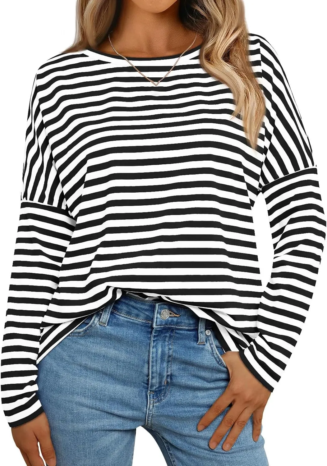Womens Oversized T Shirts Striped Long Sleeve Crew Neck Casual Loose fit Fall Fashion Tops Basic Tunic tees 2024