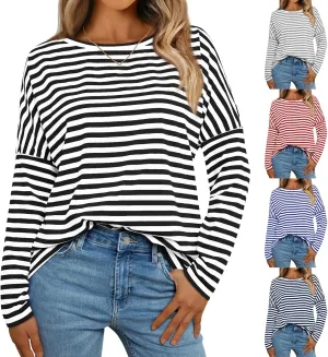 Womens Oversized T Shirts Striped Long Sleeve Crew Neck Casual Loose fit Fall Fashion Tops Basic Tunic tees 2024